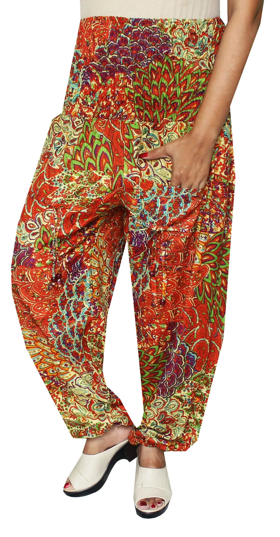 Womens Smocked Waist Hippie Rayon Harem Pants (Orange)