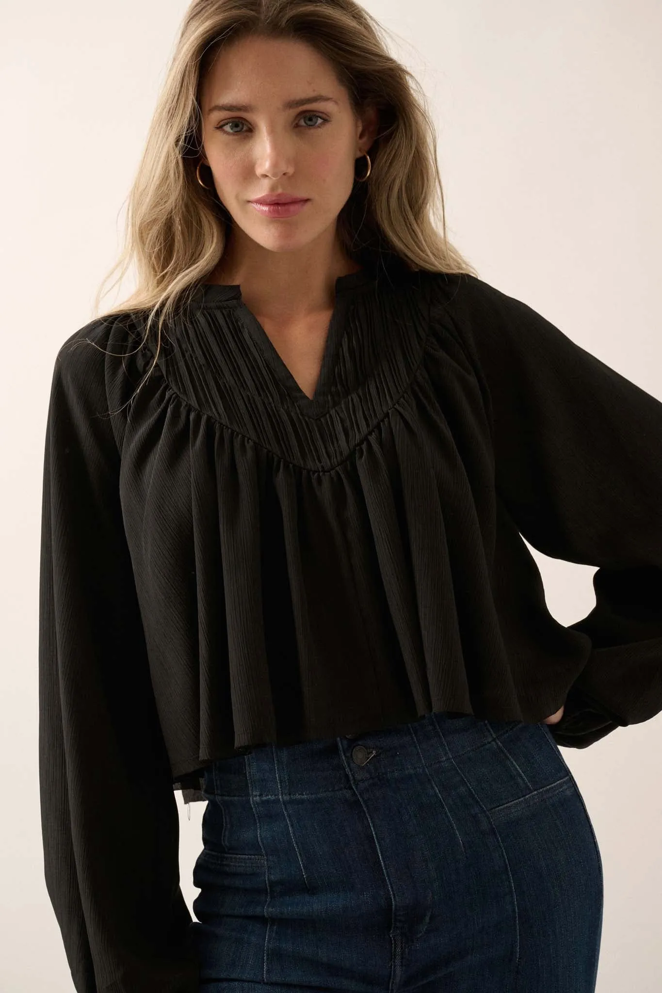 Wonderful Life Pleated Crepe Babydoll Peasant Top